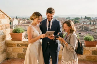 Couple de mariés discutant avec leur photographe de mariage sur une terrasse ensoleillée à Montpellier
