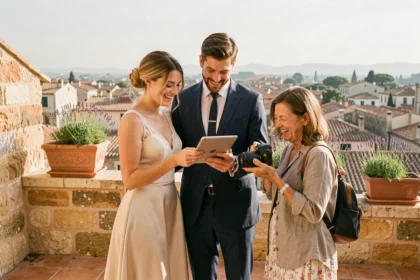 Couple de mariés discutant avec leur photographe de mariage sur une terrasse ensoleillée à Montpellier