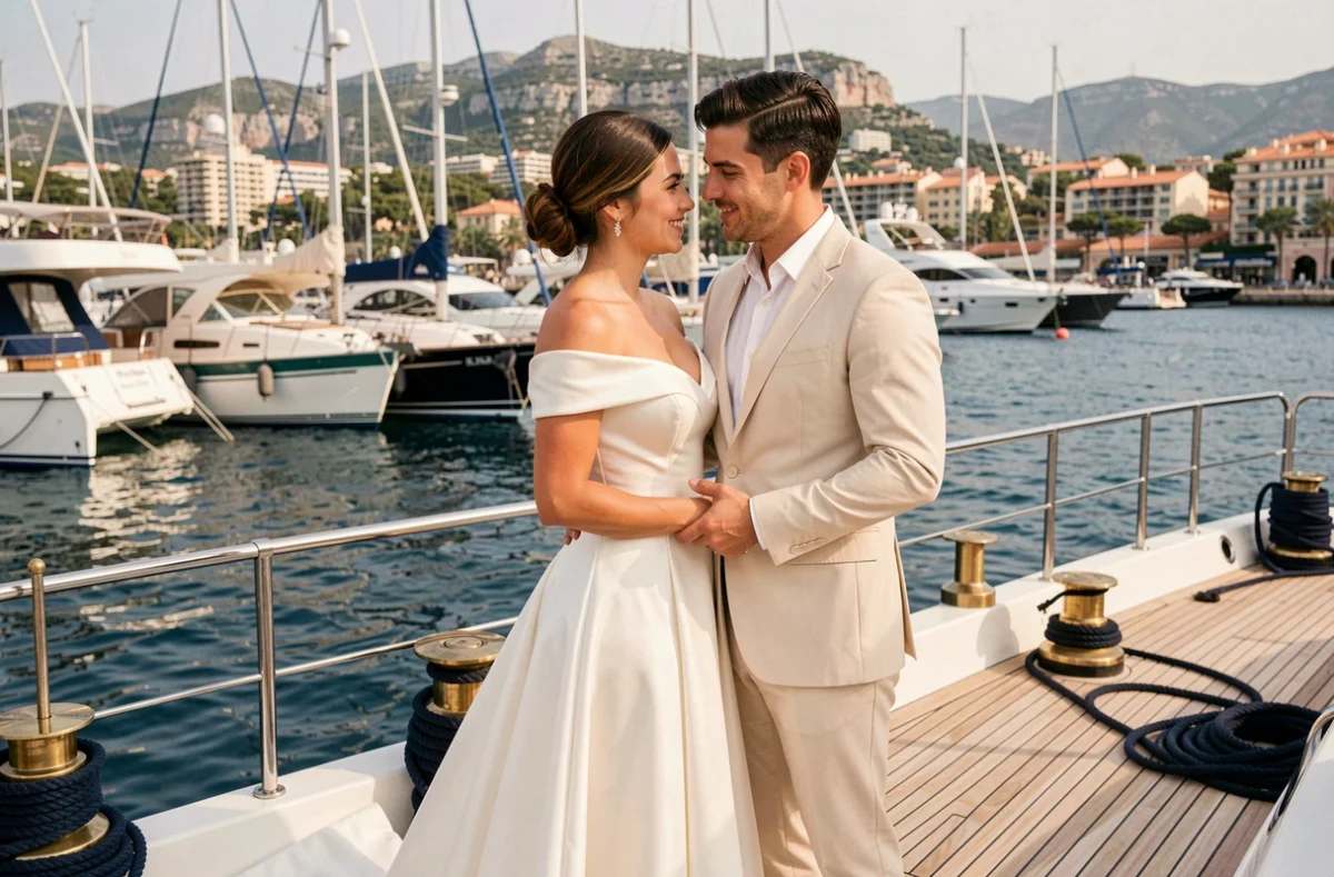Couple de mariés posant sur un yacht de luxe dans le port de Cannes lors d'une séance photo de mariage