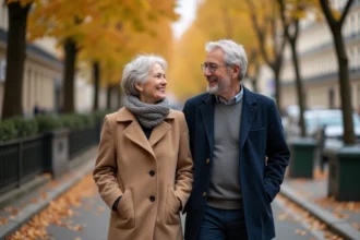 Couple mature se promenant bras dessus bras dessous sur un boulevard parisien en automne, illustrant la complicité et la vie de couple