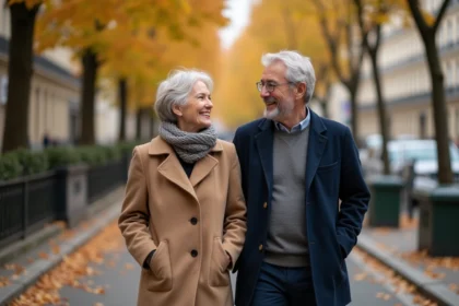 Couple mature se promenant bras dessus bras dessous sur un boulevard parisien en automne, illustrant la complicité et la vie de couple