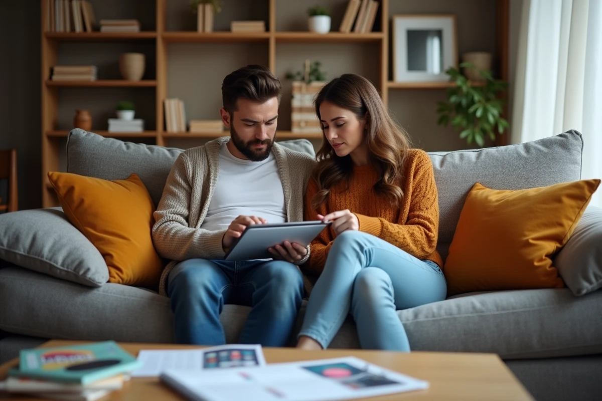 Couple de parents consultant un calendrier des vacances scolaires d'octobre 2026 sur une tablette