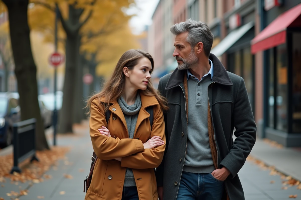Couple marchant en ville en automne, corps légèrement éloignés, expression pensive de la femme et regard interrogateur du mari