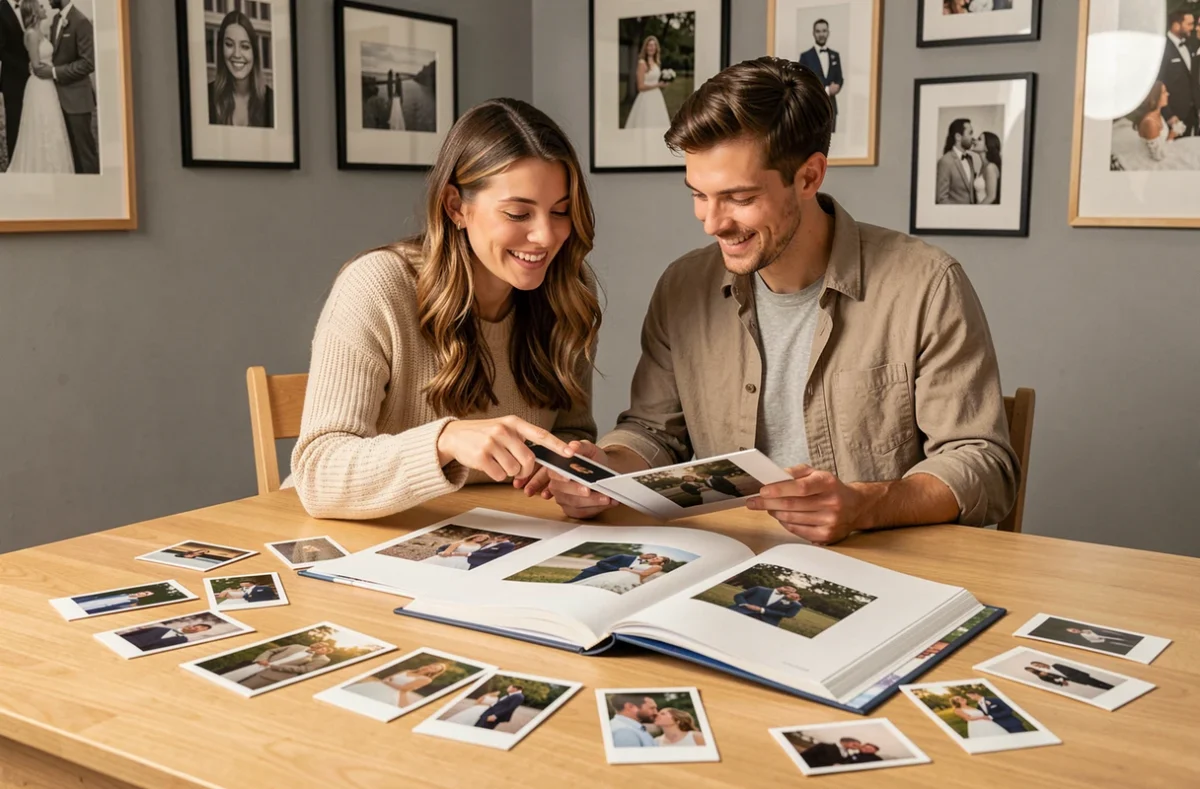 Un couple feuilletant des albums et des tirages photos lors d'une séance de sélection avec un photographe de mariage abordable