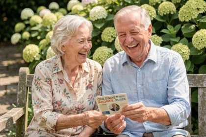 Couple de seniors riant ensemble en tenant une carte de quiz dans un jardin fleuri, mains enlacées sur un banc en bois