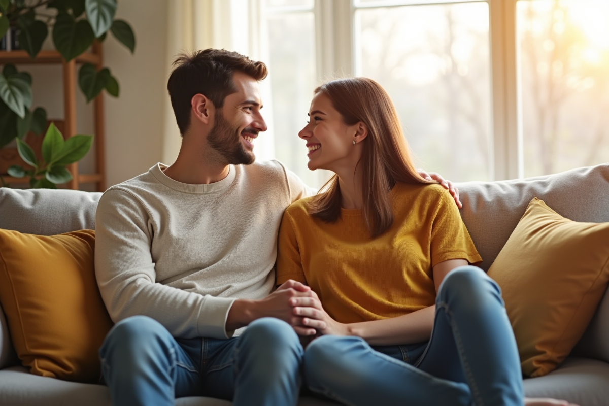 Jeune couple souriant dans un salon lumineux