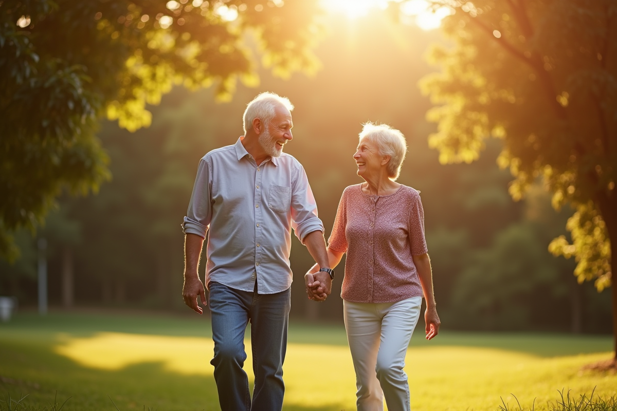 Couple âgé main dans la main dans un parc ensoleille