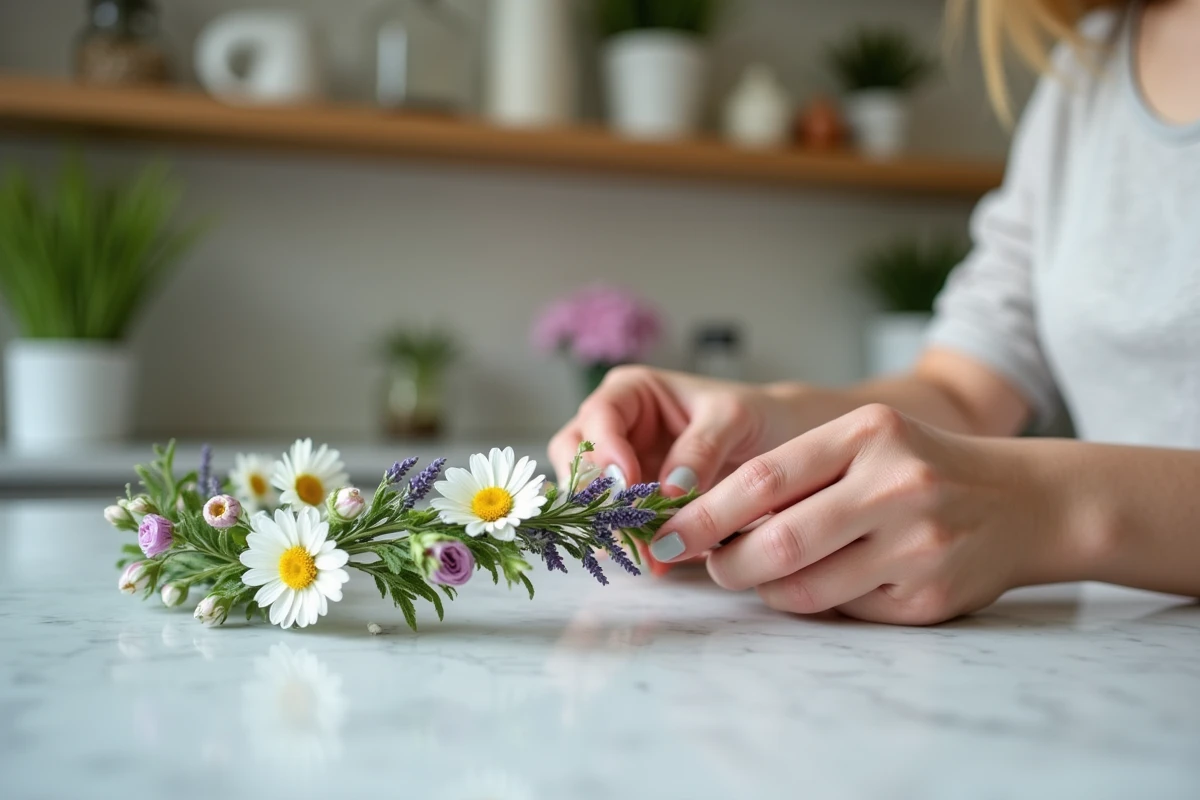 Femme confectionnant une couronne de fleurs fraîches faite main avec des marguerites et de la lavande pour la fête des mères