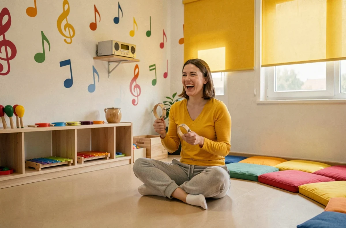 Salle musicale joyeuse de la Crèche Mélodie à Niort avec instruments de percussion pour enfants et décoration en notes de musique