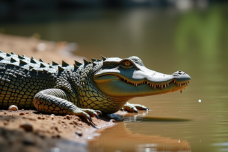 Crocodile du Nil au soleil sur la rive