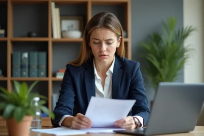 Femme consultant un document administratif officiel pour une demande d'acte de naissance à Nantes