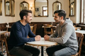 Deux hommes discutant dans un café parisien, ambiance détendue et familière entre amis ou colocataires