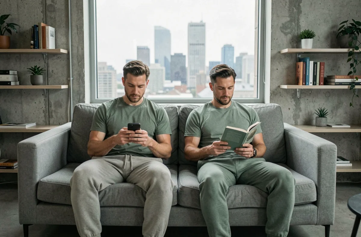 Deux hommes dans un salon d'appartement moderne, chacun occupé à ses propres activités, illustration d'une vie en colocation contemporaine