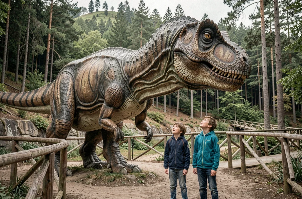 Deux enfants face à une sculpture de dinosaure grandeur nature à Dinoplagne dans l'Ain