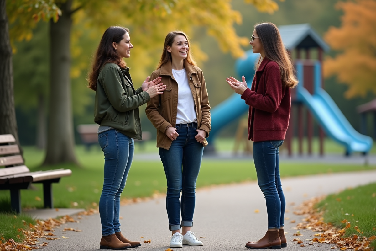 Trois jeunes adultes discutant dans un parc en automne