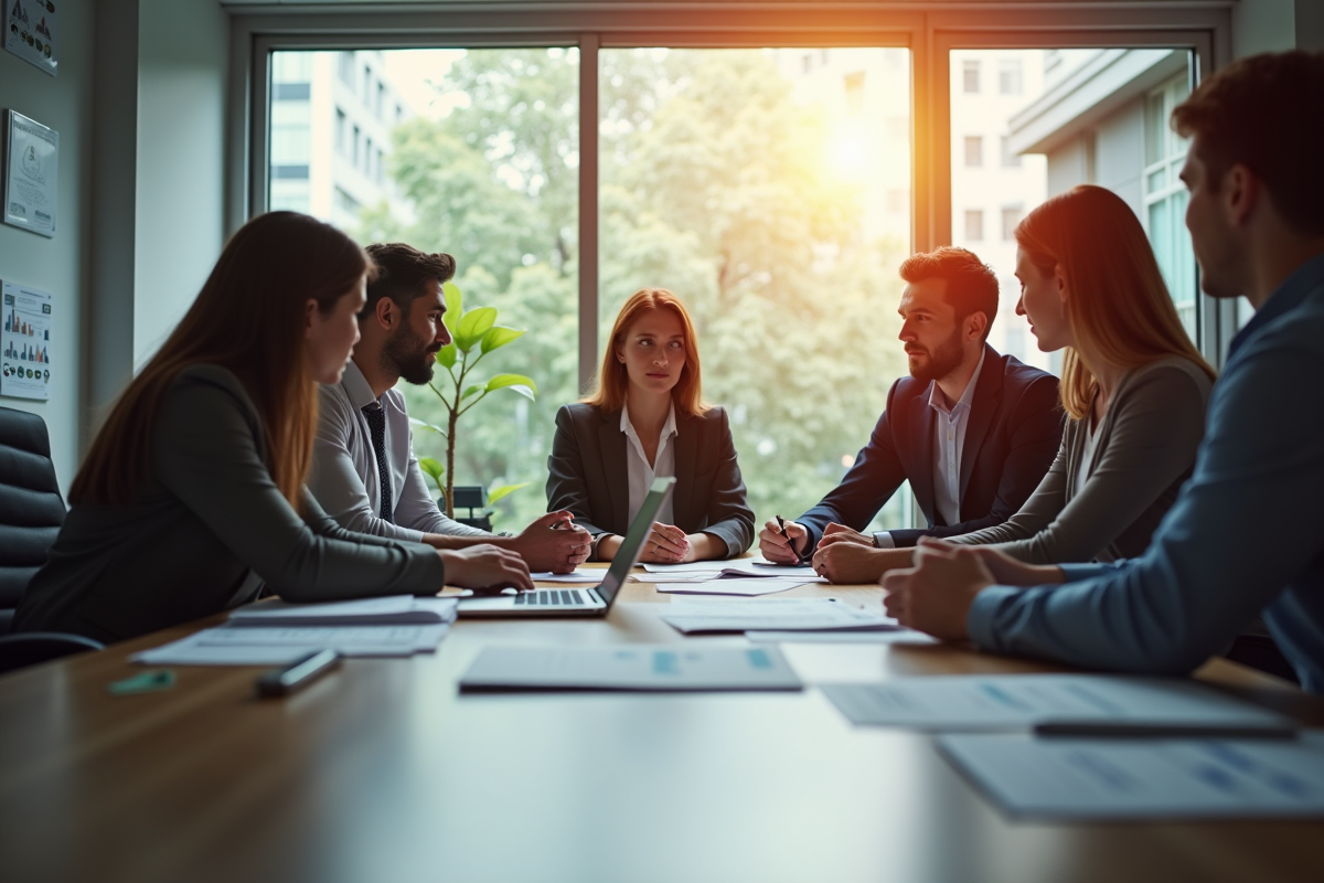 Groupe de professionnels discutant autour d