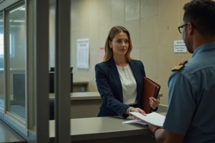 Femme remettant des documents officiels à l'accueil d'un parloir de prison en France