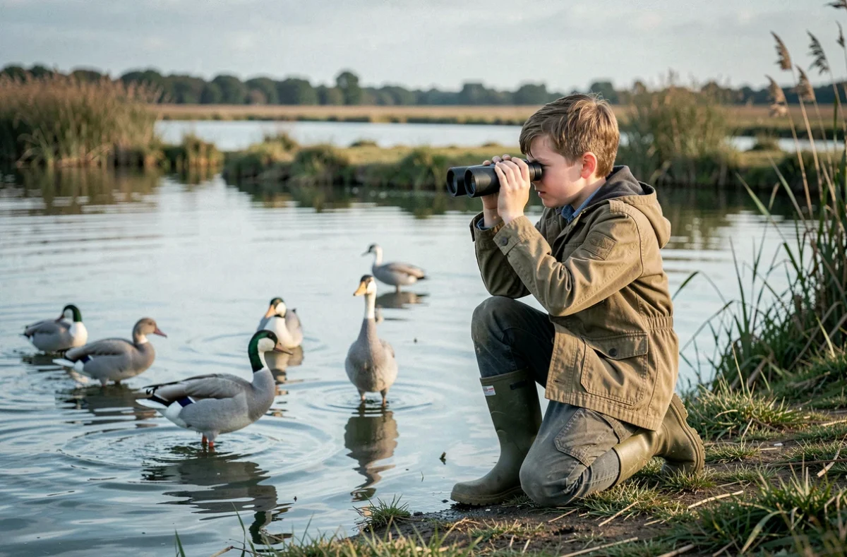 Un garçon observant les oiseaux avec des jumelles au bord d'un étang du Domaine de la Dombes