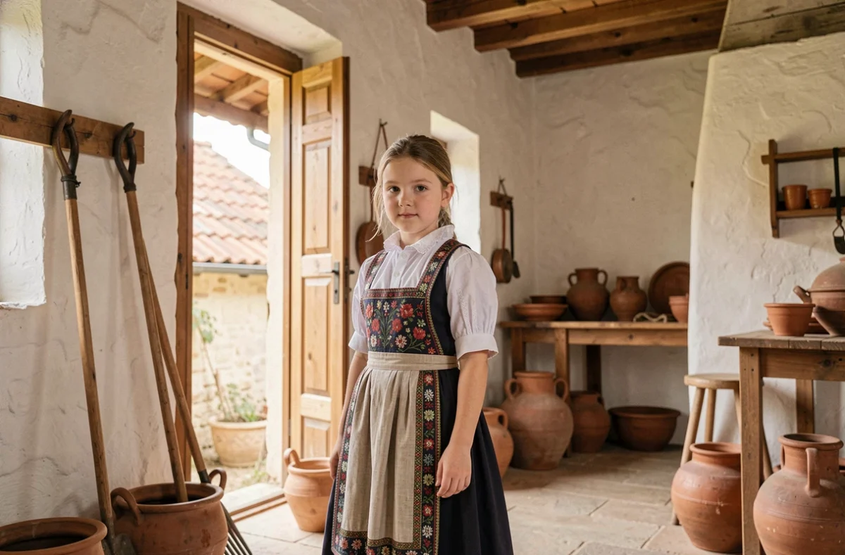Une jeune fille en costume bressan à l'intérieur d'une ferme traditionnelle reconstituée à l'Écomusée Maison de Pays en Bresse
