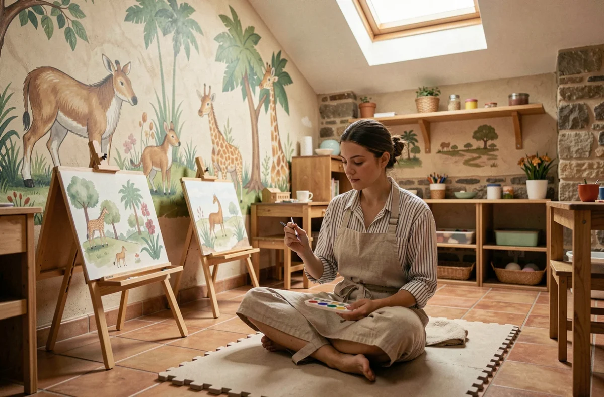 Intérieur artistique et créatif de la micro-crèche Eden Art Microbaby à Bordeaux avec murales peintes à la main et coin activités