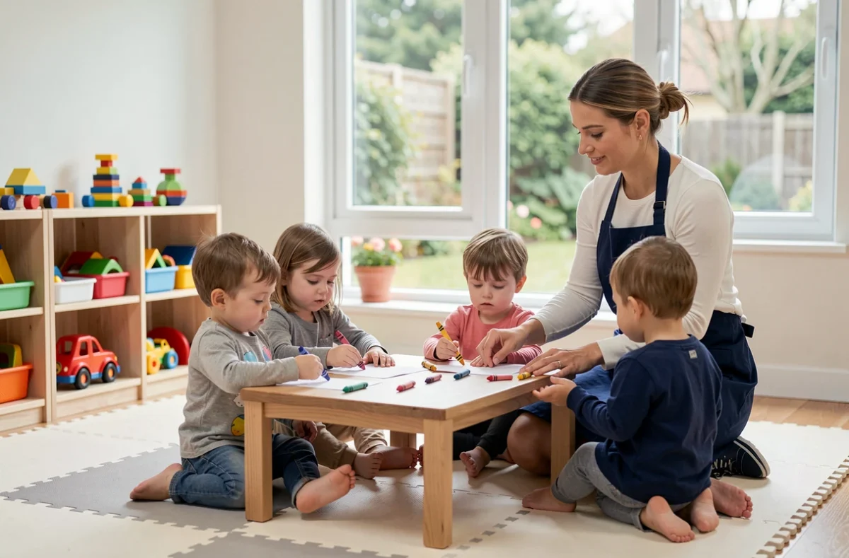 Éducatrice accompagnant des tout-petits dans une activité créative à la halte-garderie, ambiance chaleureuse et sécurisante