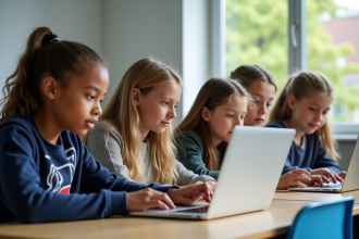 Groupe d'élèves français autour d'un ordinateur en classe
