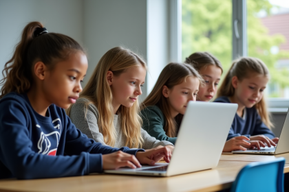 Groupe d'élèves français autour d'un ordinateur en classe