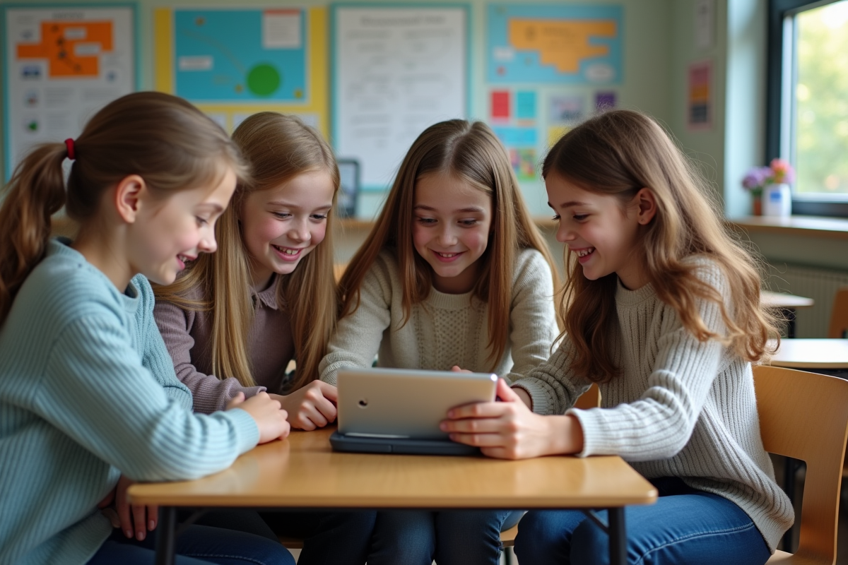 Groupe d'élèves de collège collaborant autour d'une tablette