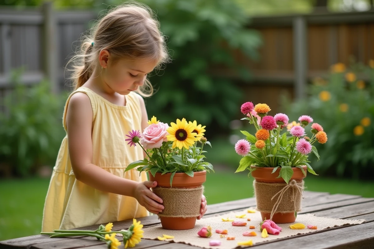 Petite fille arrangeant des fleurs du jardin dans un pot en terre cuite décoré pour offrir à sa mère