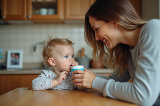 Enfant de 18 mois en pyjama dans la cuisine chaleureuse