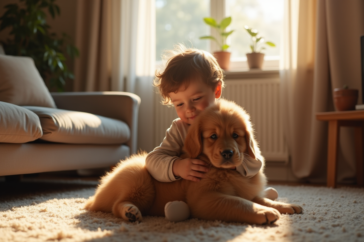 Enfant caressant un chiot Newfoundland dans le salon