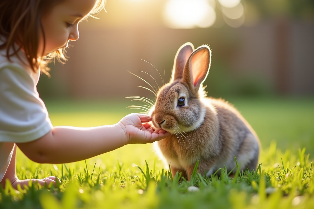 Enfant caressant un lapin dans un jardin ensoleille
