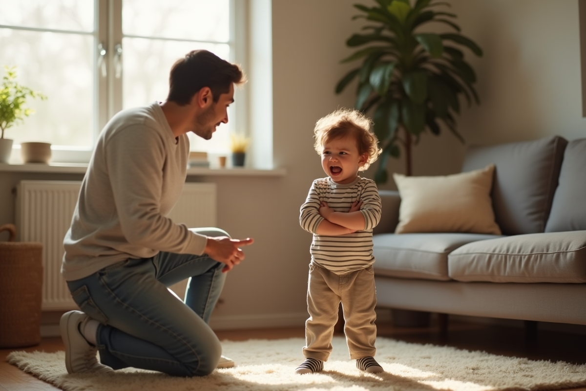 Enfant de trois ans en crise avec sa mère dans un salon moderne