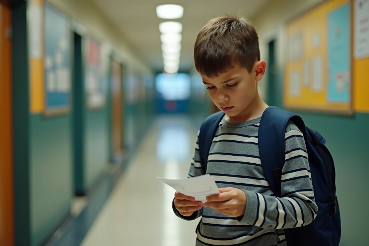 Enfant en situation de handicap scolaire tenant un document dans un couloir d'école primaire