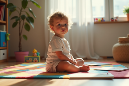 Enfant curieux de trois ans assis sur un tapis coloré