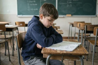 Enfant difficile assis seul en classe avec une expression tendue, illustrant les troubles du comportement à l'école