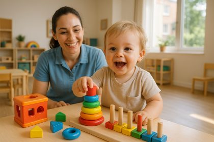 Enfant souriant jouant avec des jouets éducatifs dans une crèche lumineuse