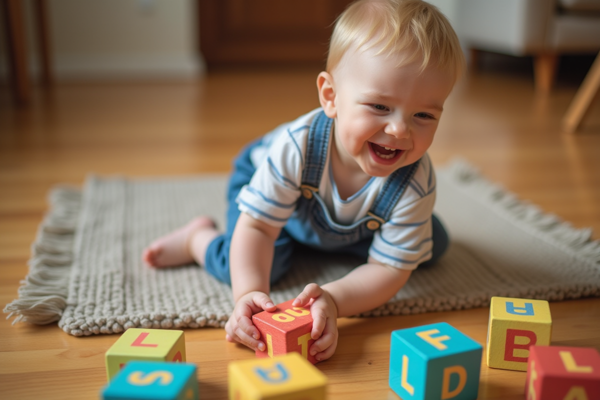 Enfant jouant avec blocs en bois colorés et la lettre L