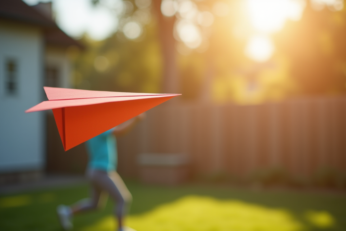 Enfant lançant un avion en papier dans le jardin ensoleille