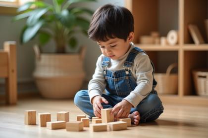 Jeune garçon concentré avec blocs Montessori dans classe