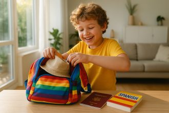 Enfant heureux préparant son sac de voyage dans une maison lumineuse