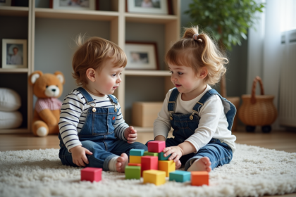 Garçon toddler et sa sœur jouent dans un salon chaleureux