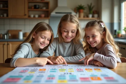Trois enfants regardant un calendrier scolaire 2026