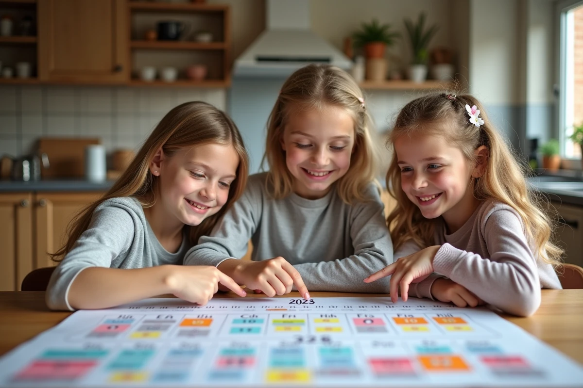 Trois enfants regardant un calendrier scolaire 2026