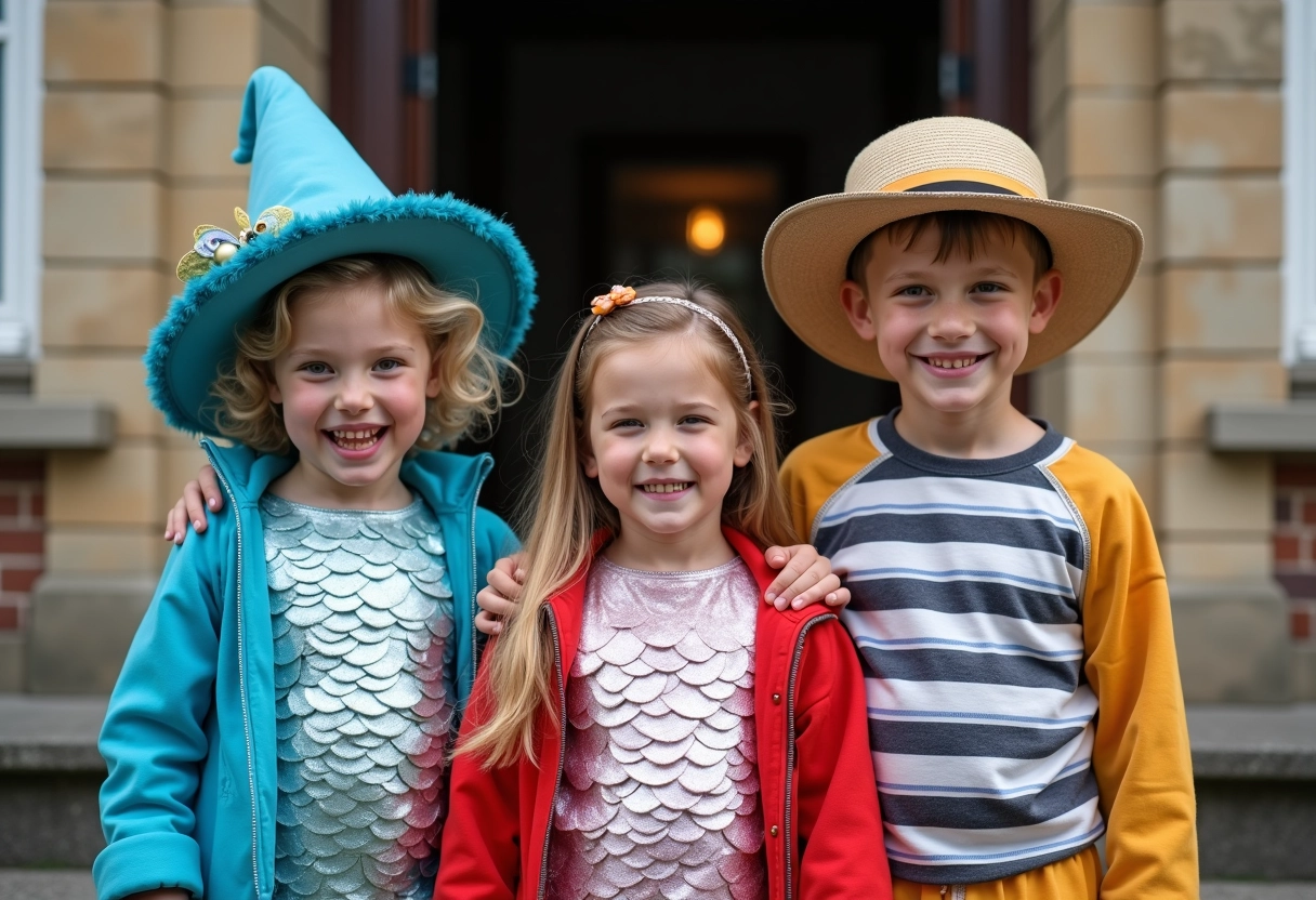 Trois enfants en costumes de mer lors du carnaval