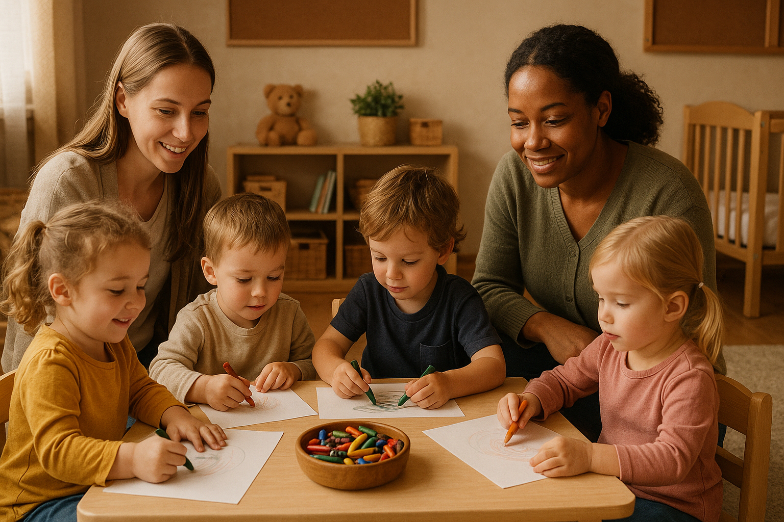 Groupe d enfants dessinant avec des crayons dans une crèche chaleureuse