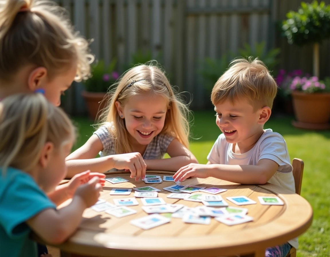 Trois enfants jouant à un jeu de cartes simple et adapté à leur âge autour d'une table dans un jardin
