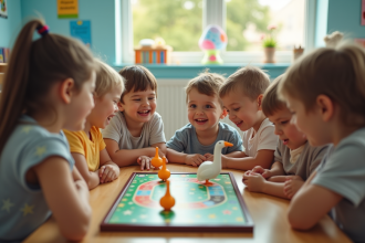 Groupe d'enfants jouant à un jeu de l'oie dans une classe lumineuse