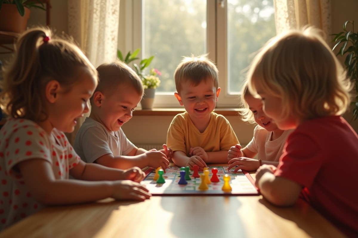Groupe d'enfants de trois ans jouant à un jeu de société ensoleillé