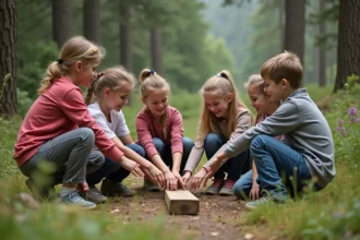 Groupe d'enfants jouant en forêt pour un jeu nature